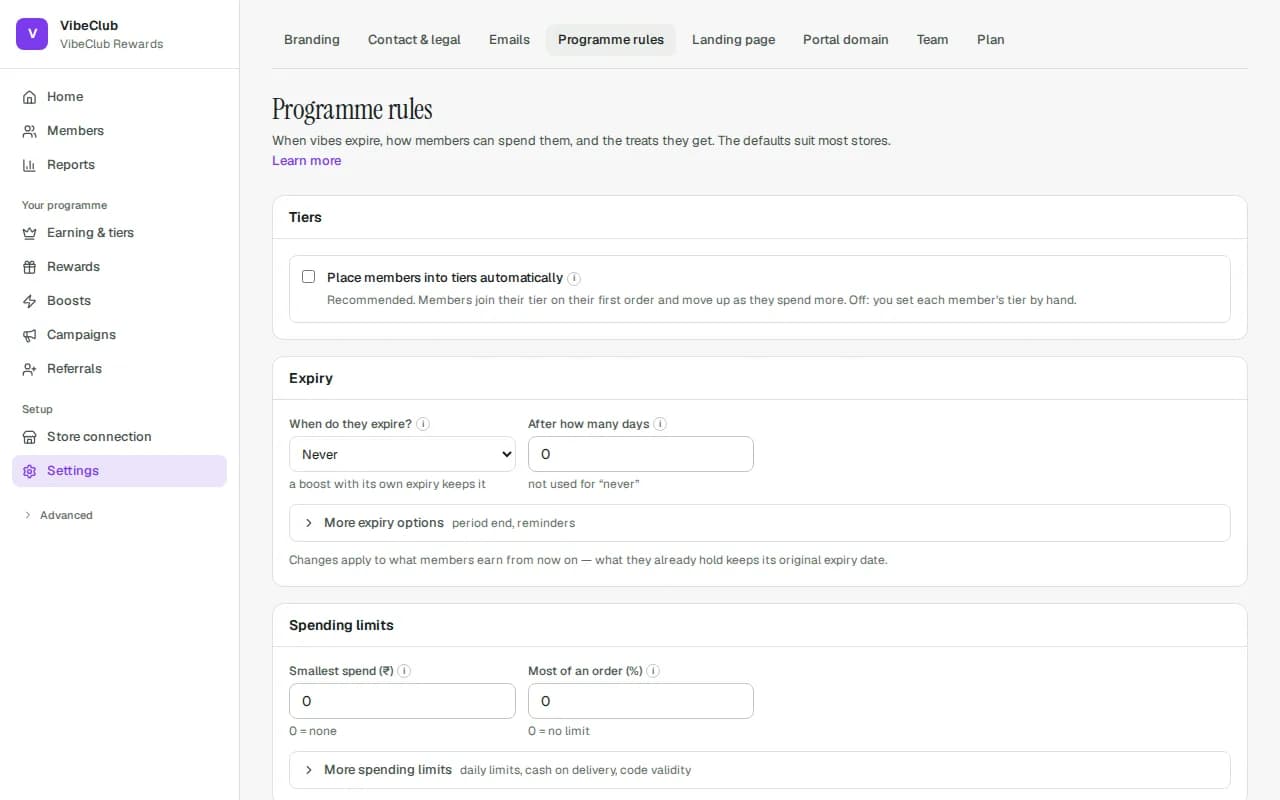 The Programme rules settings page