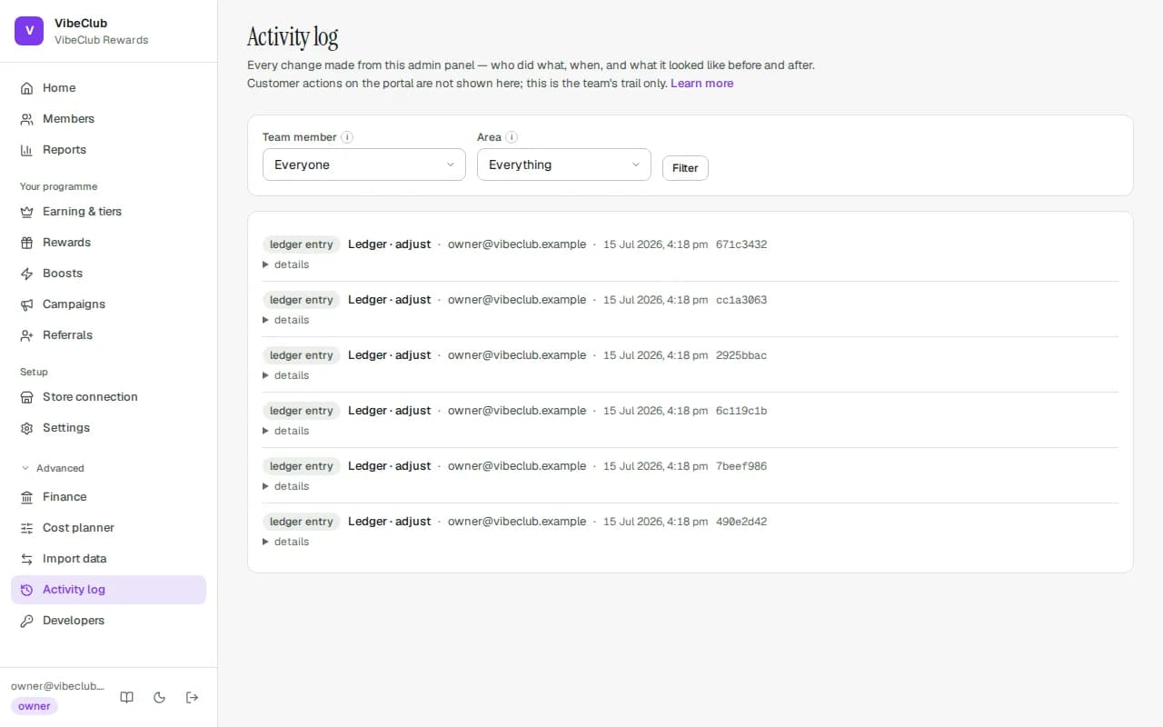 The Activity log page