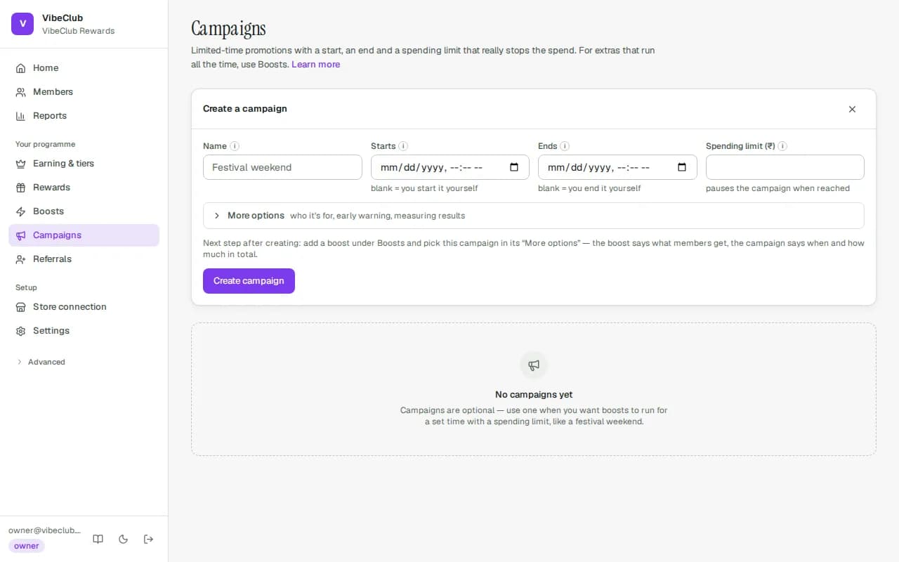 The Campaigns page with the create panel open