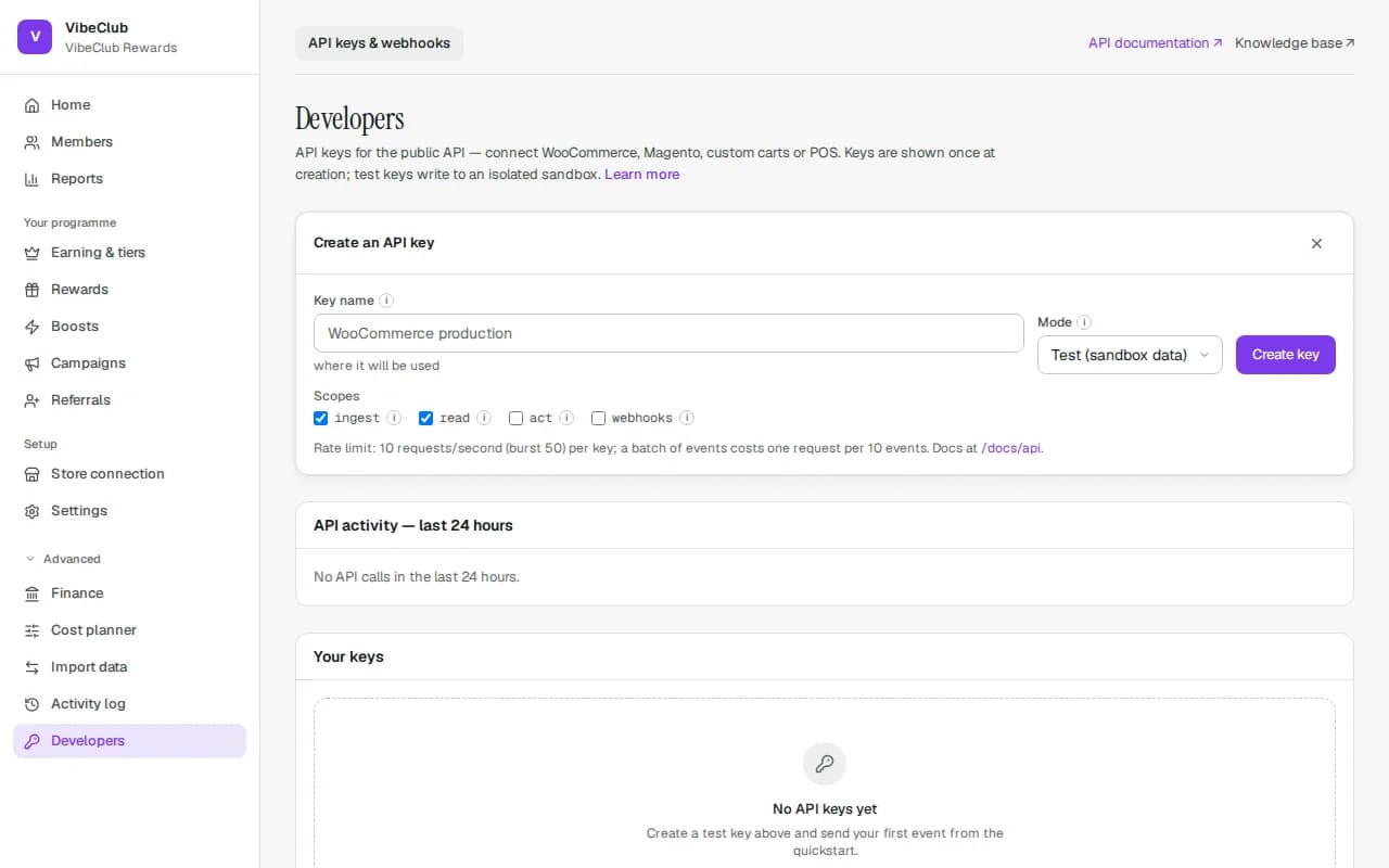 The Developers page with the key creator open