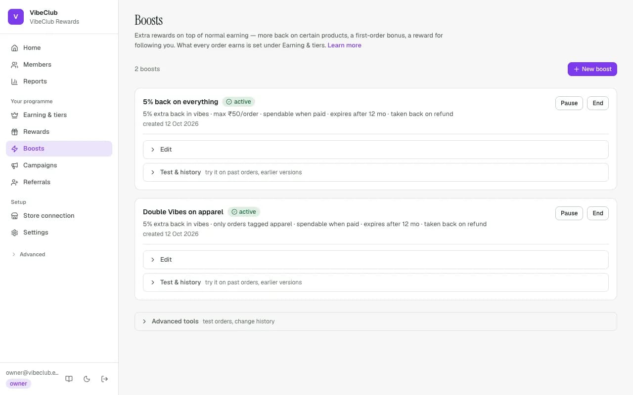 The Boosts page