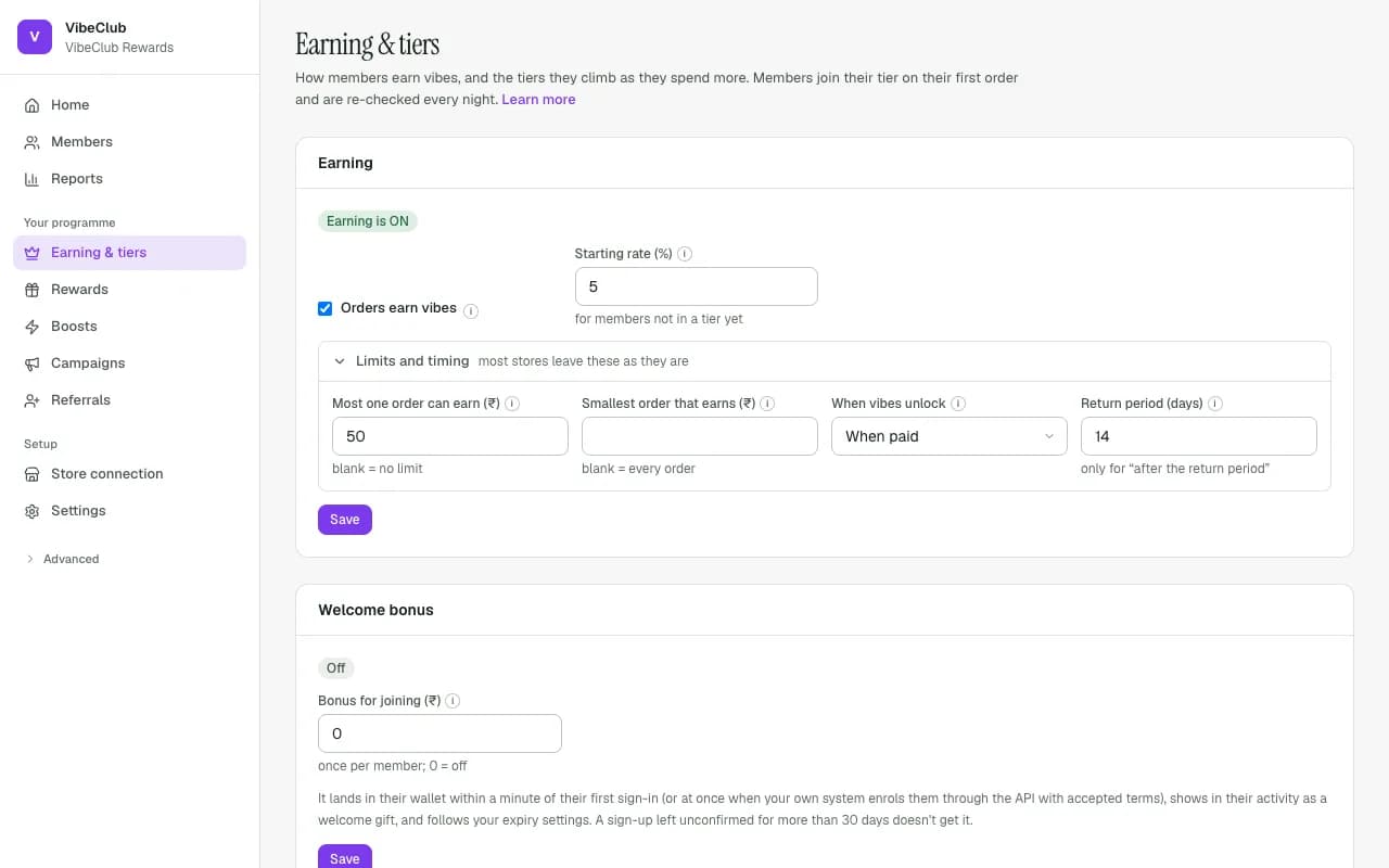 The Earning & tiers page